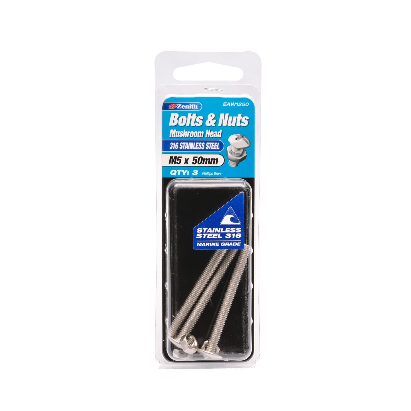 Zenith M5 x 50mm 316 Stainless Steel Mushroom Head Bolt and Nut 3 Pack
