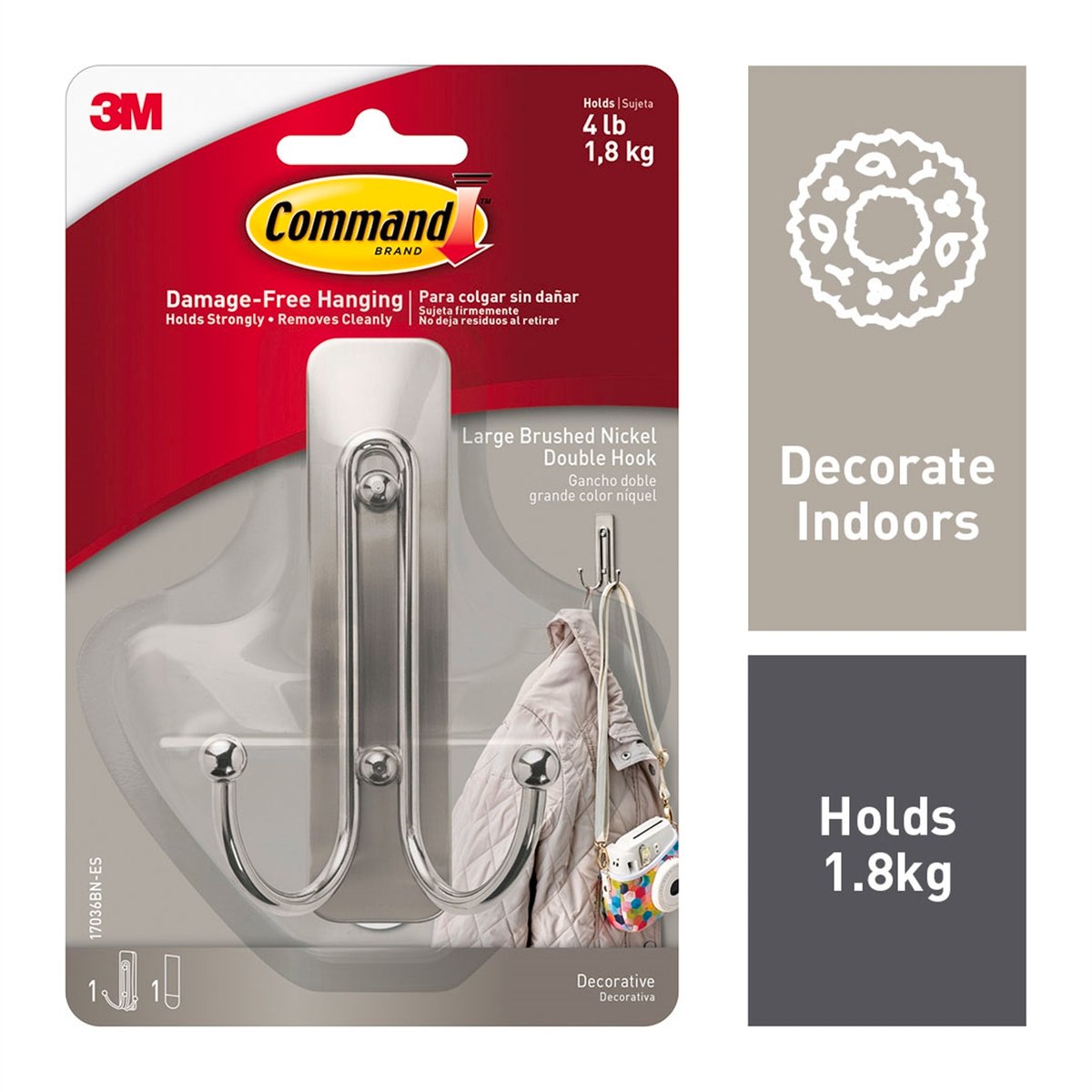 Command Brushed Nickel Double Wall Hook - Large - 1 Pack - 109mm x 171mm - SuperSaverAU - view 2