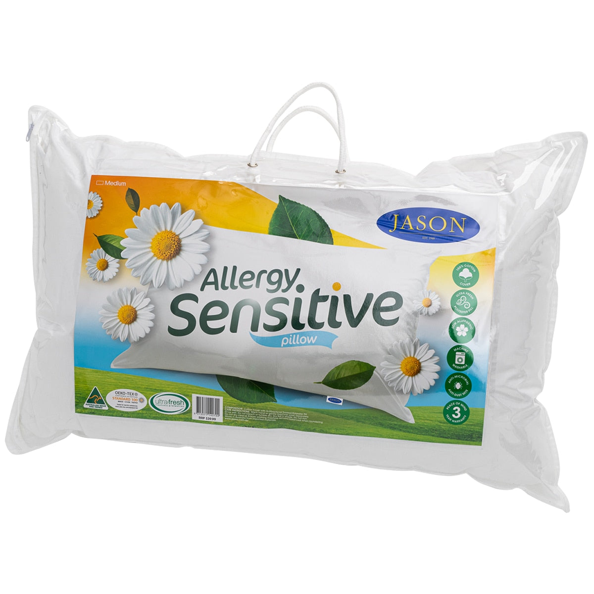 Jason Allergy Sensitive Pillow Medium - Anti-Microbial, Anti-Dust Mite, Cotton Cover - SuperSaverAU - view 1