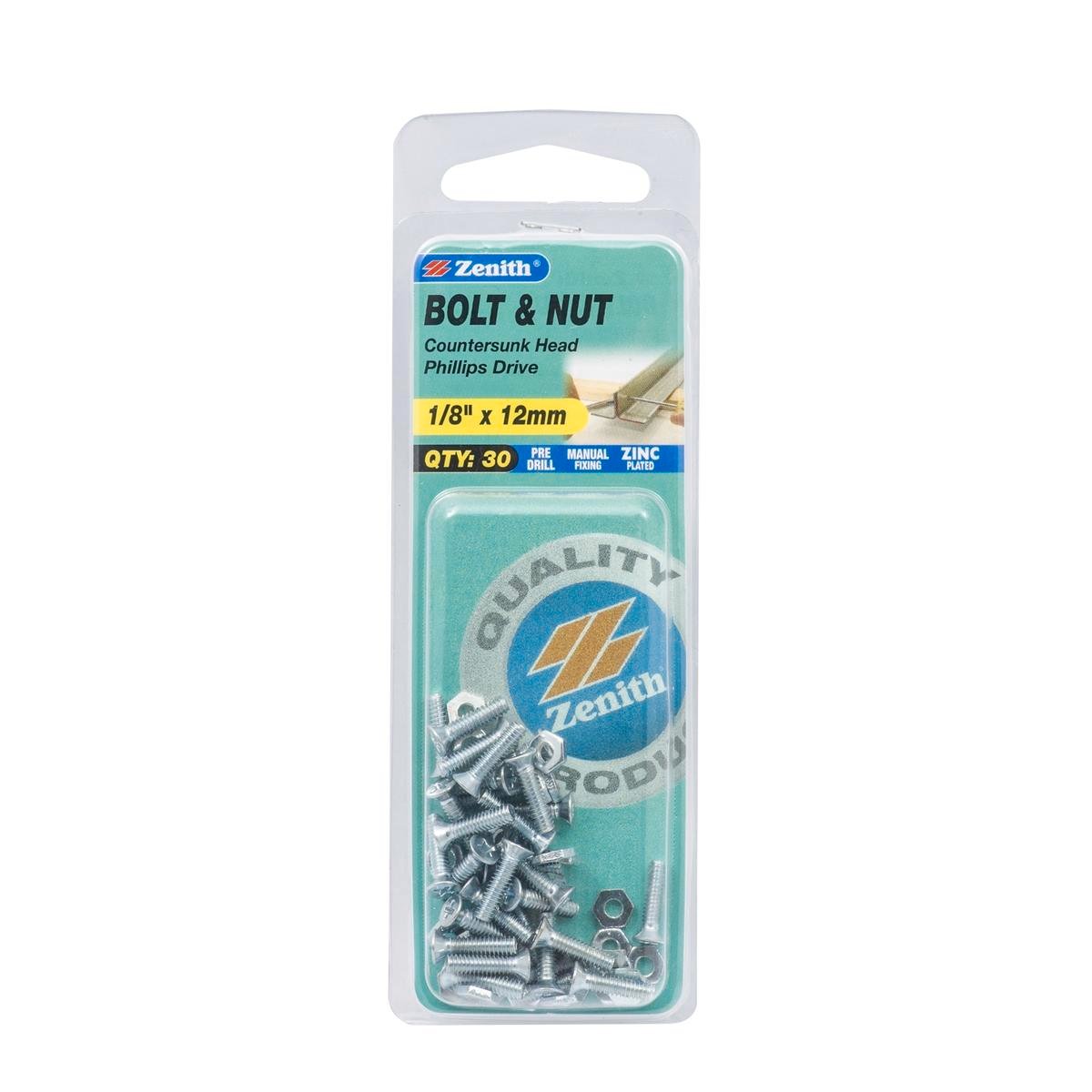 Zenith 1/8" x 12mm Zinc Plated Countersunk Bolt and Nut - Steel, 30 Pack