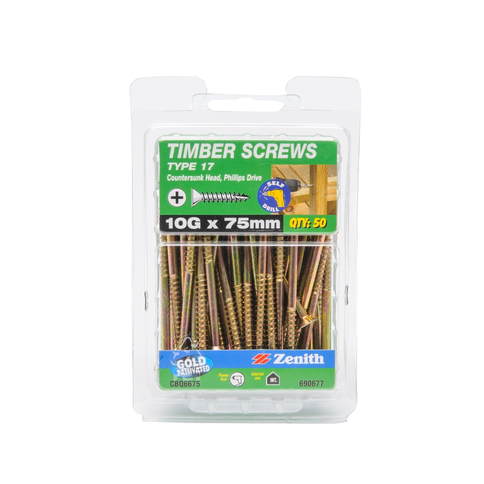 Zenith 10G x 75mm Gold Passivated Type 17 Countersunk Timber Screws - 50 Pack