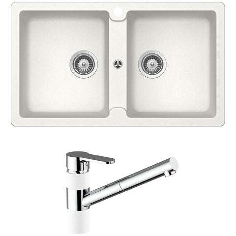 Abey Schock Typos double sink and ISA pull out mixer tap - White finish, 5 star WELS - TN200T2W