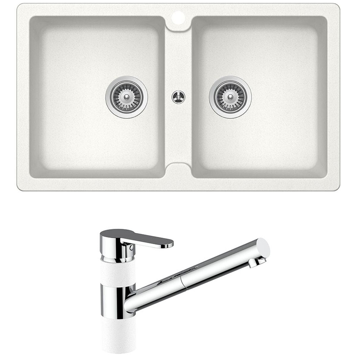 Abey Schock Typos double sink and ISA pull out mixer tap - White finish, 5 star WELS - TN200T2W