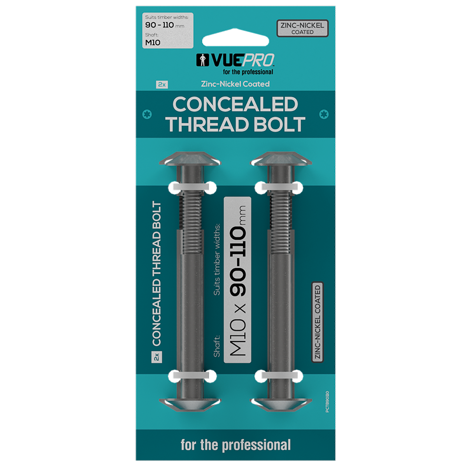 VUEPRO 90-110mm M10 Zinc Nickel Coated Steel Concealed Thread Bolt - 2 Pack