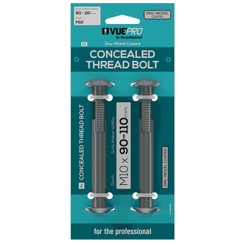 VUEPRO 90-110mm M10 Zinc Nickel Coated Steel Concealed Thread Bolt - 2 Pack