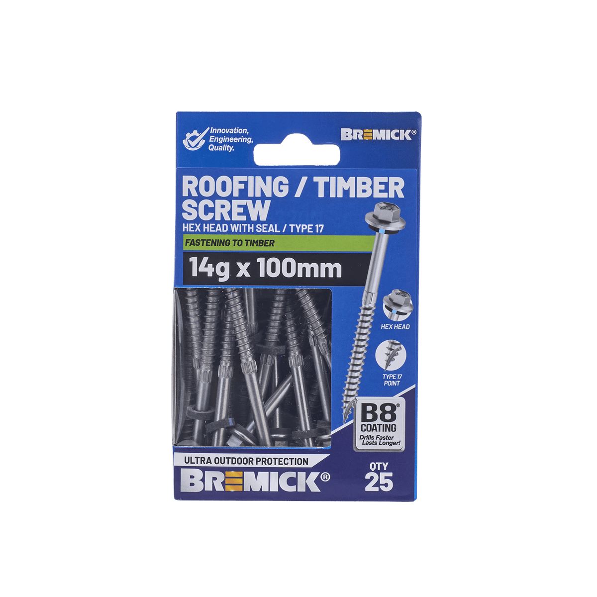 Bremick 14G x 100mm Roofing/Timber Hex Screw with Seal, Type 17 Coarse Thread - 25 Pack