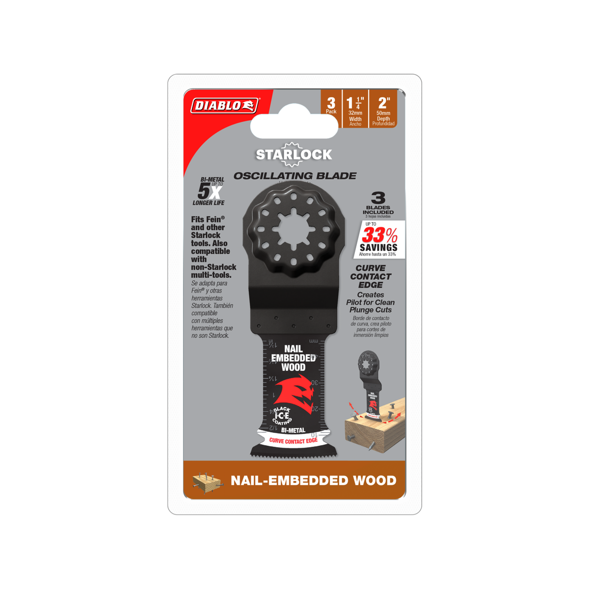 Diablo 32mm Starlock Bi-Metal Multi-Tool Blade for Nail-Embedded Wood, 3 Pack