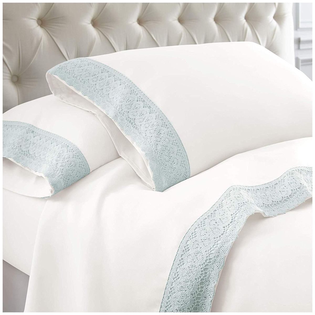 Kingtex 1500 Thread Count Crochet Lace Microfibre Sheet Set Single Ice Blue/White - SuperSaverAU - view 2