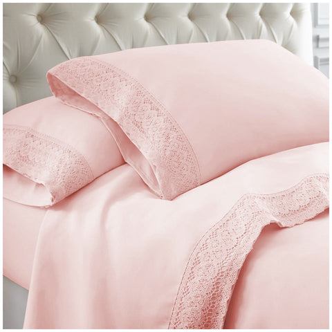 Kingtex 1500 Thread Count Crochet Lace Microfibre Sheet Set Double Rose Pink/ Rose Pink - SuperSaverAU - view 1