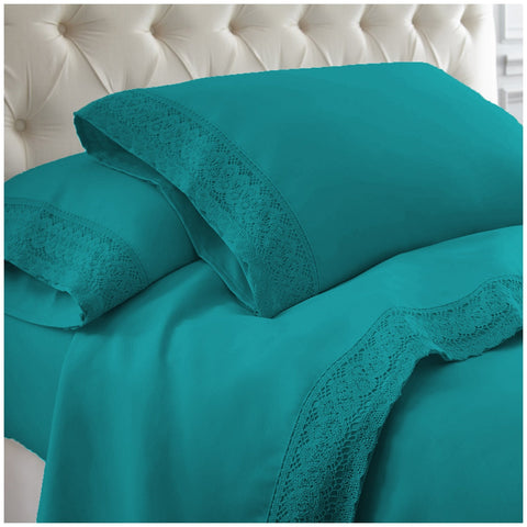 Kingtex 1500 Thread Count Crochet Lace Microfibre Sheet Set Double Teal/Teal - SuperSaverAU - view 1
