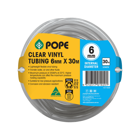 Pope 6mm x 30m Clear Vinyl Tubing - Food Grade Flexible PVC Hose