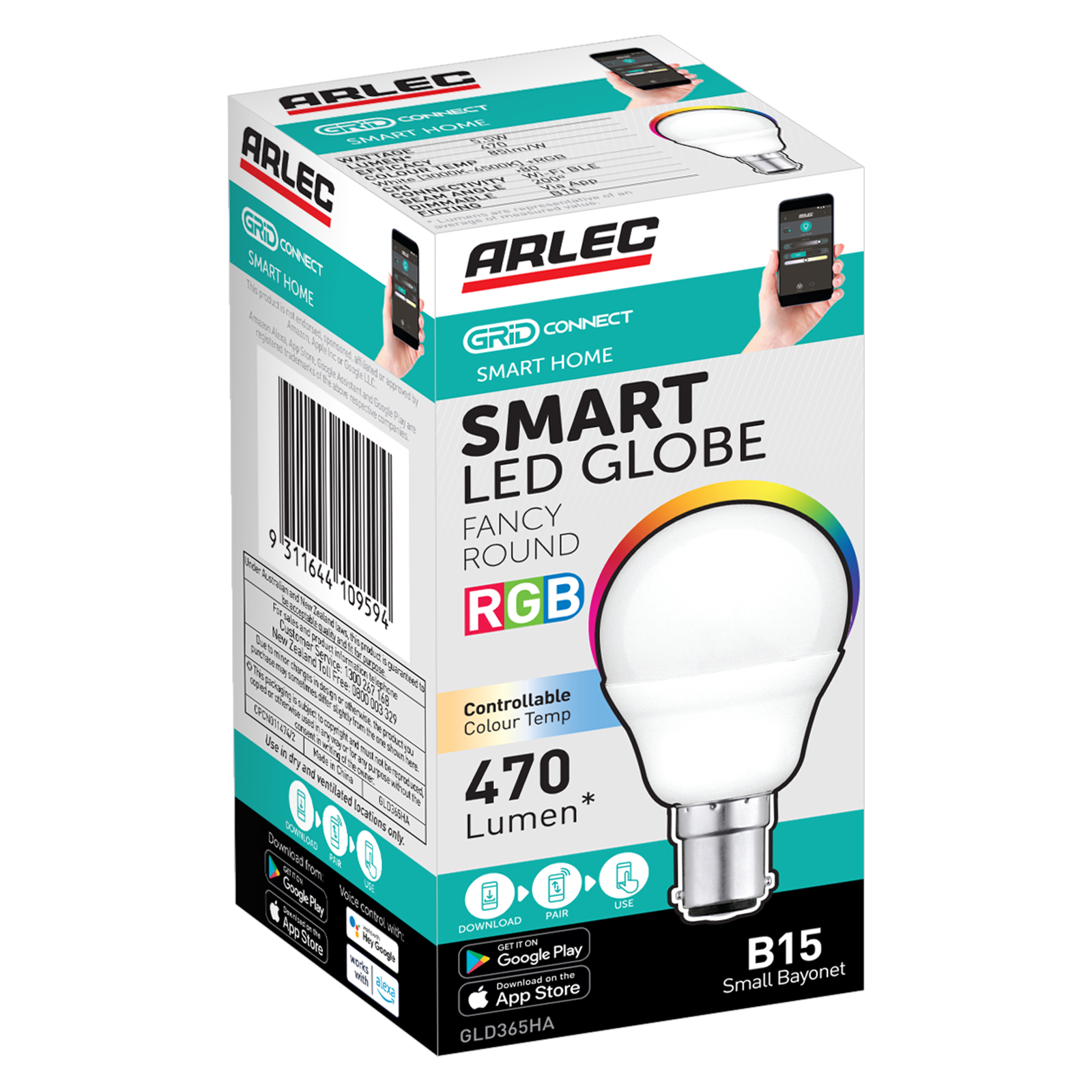 Arlec B15 LED 470lm 5.5W RGB Grid Connect Smart Fancy Round Globe (GLD365HA)