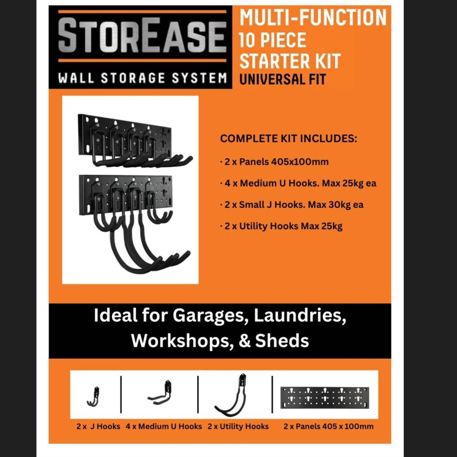 StorEase 10 Piece Wall Storage System Multi-Function Starter Kit, Black, Indoor