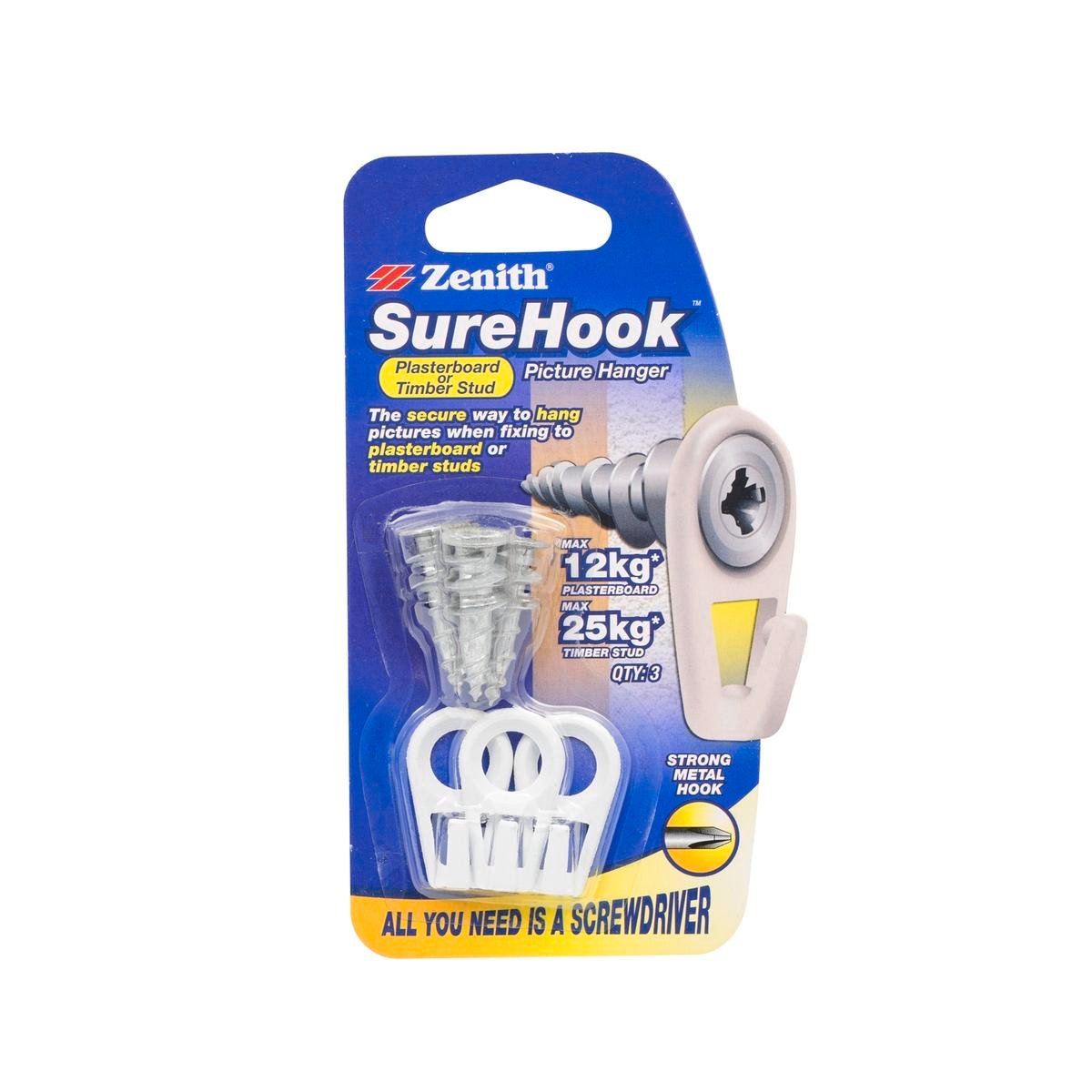 Zenith SureHook Picture Hanger 12/25kg Zinc Plated Steel - 3 Pack