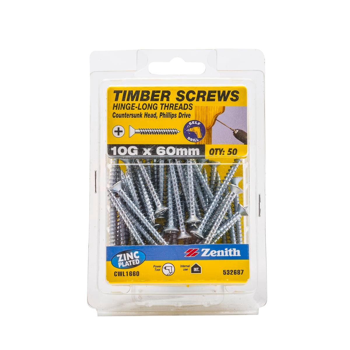 Zenith 10G x 60mm Zinc Plated Countersunk Hinge Timber Screws 50 Pack