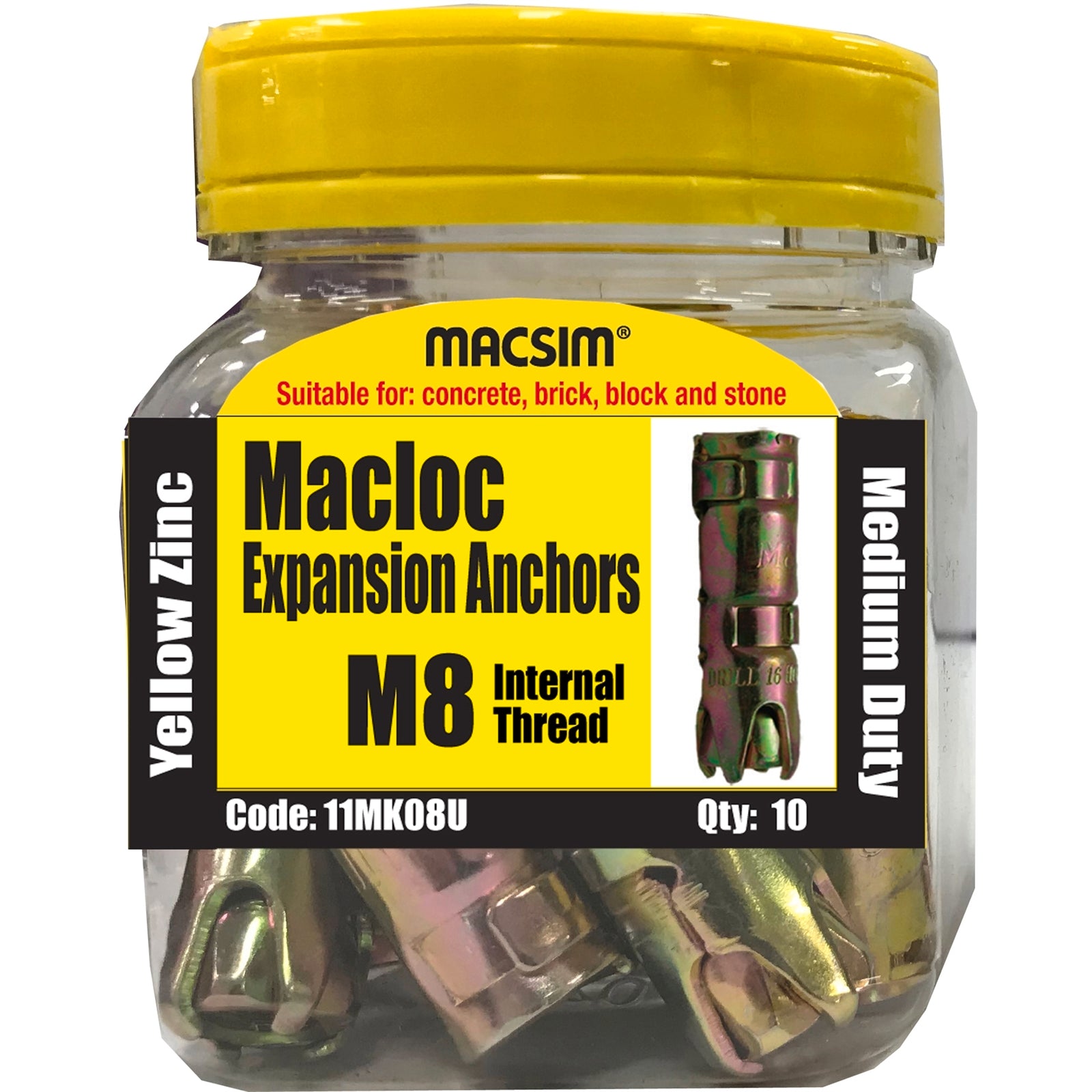 Macsim M8 Yellow Zinc Medium Duty Macloc Anchor 10 Pack Steel
