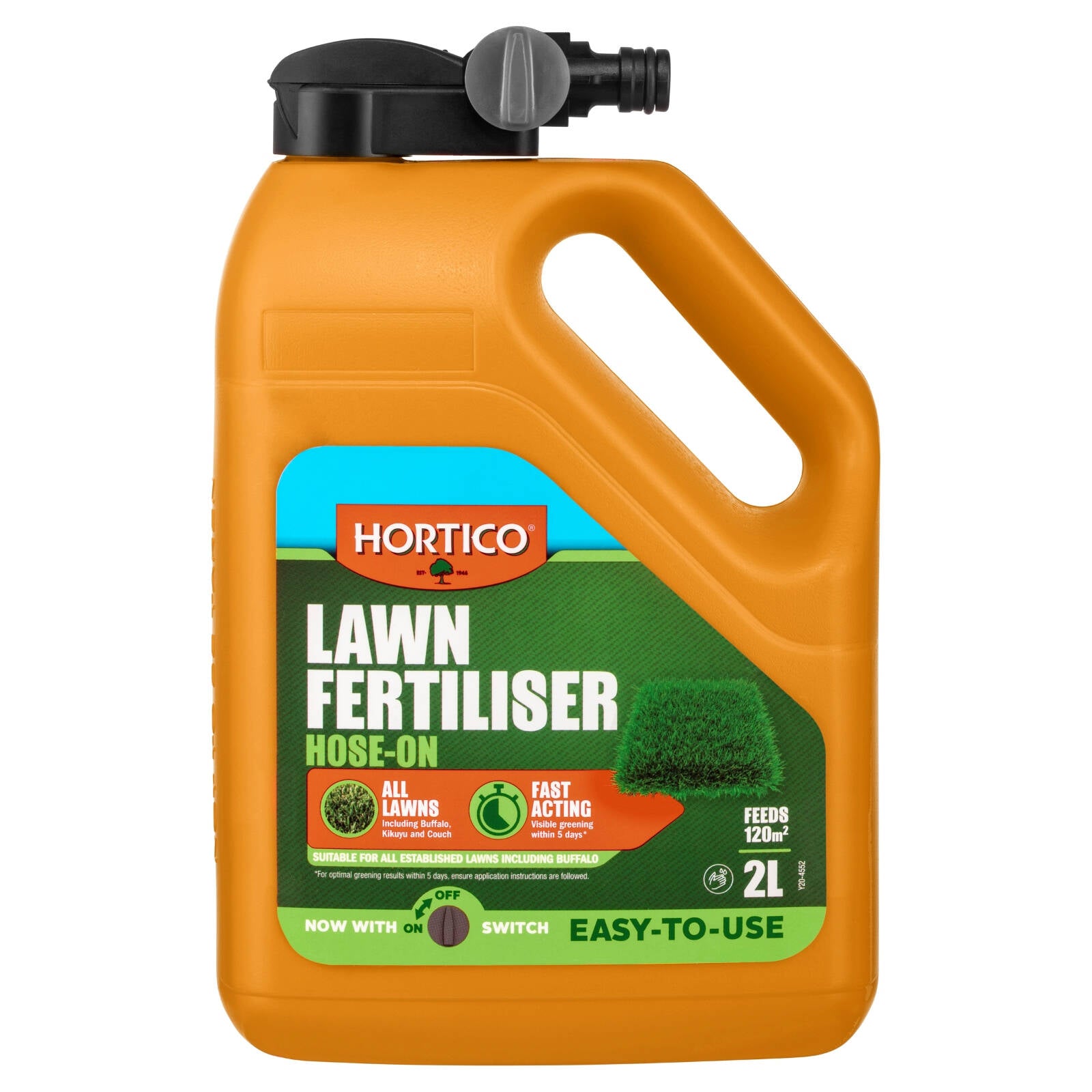 Hortico Hose On All Lawns Fertiliser 2L - Liquid, Water Soluble, Covers 120m2