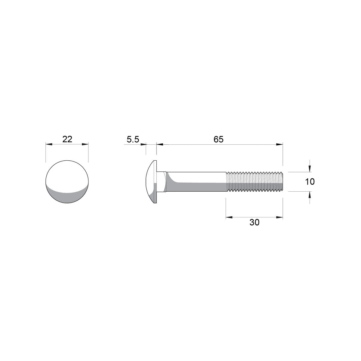 Zenith M10 x 65mm Zinc Plated Cup Head Bolt and Nut - Each