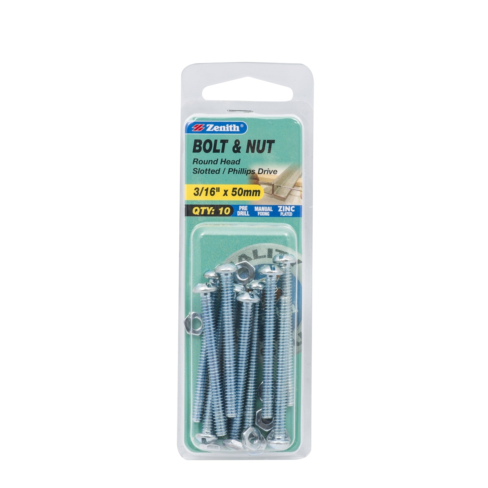 Zenith 3/16" x 50mm Zinc Plated Round Head Bolt and Nut - 10 Pack