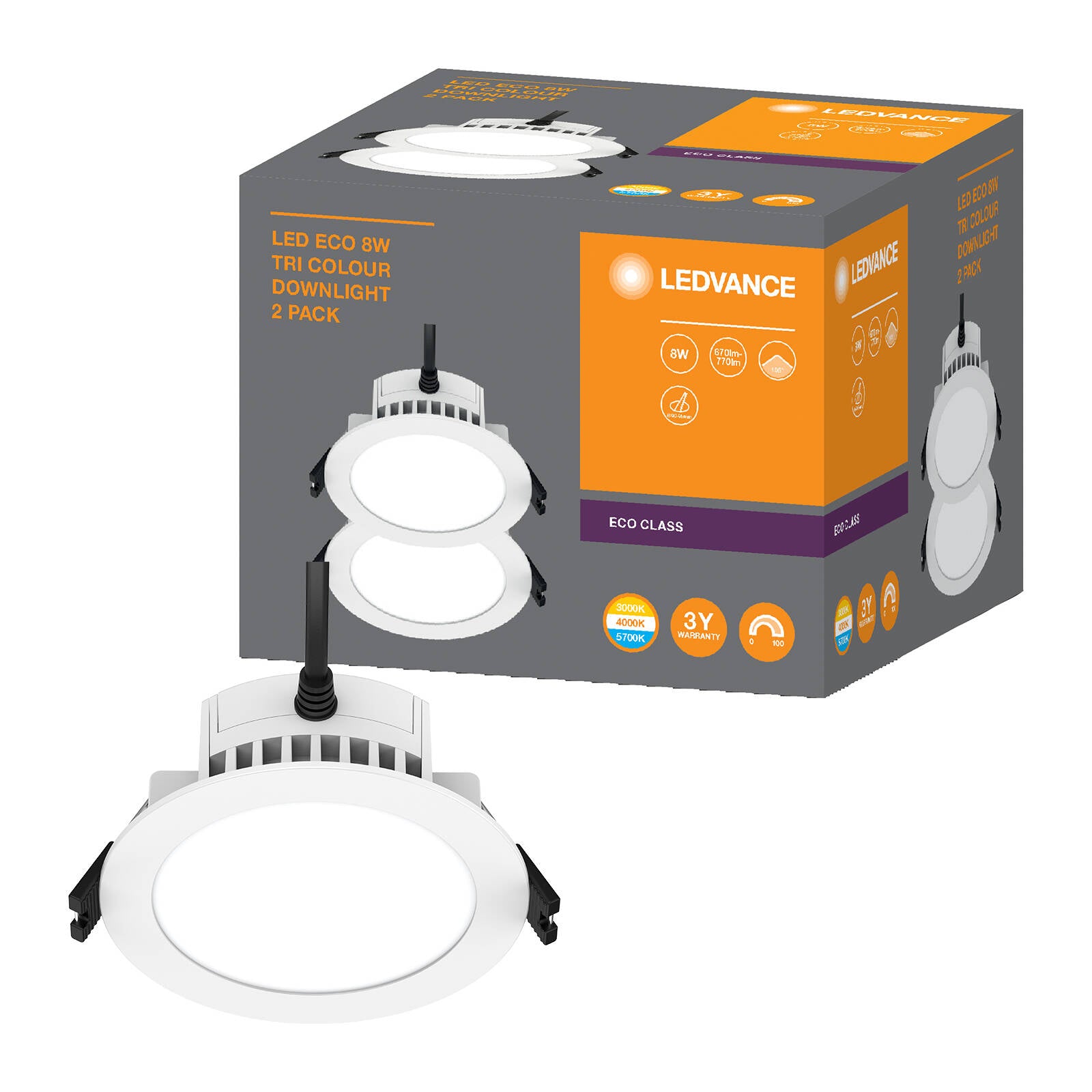 Ledvance 8W 240V 700-800lm Fixed Tri-Colour LED Downlight - 2 Pack