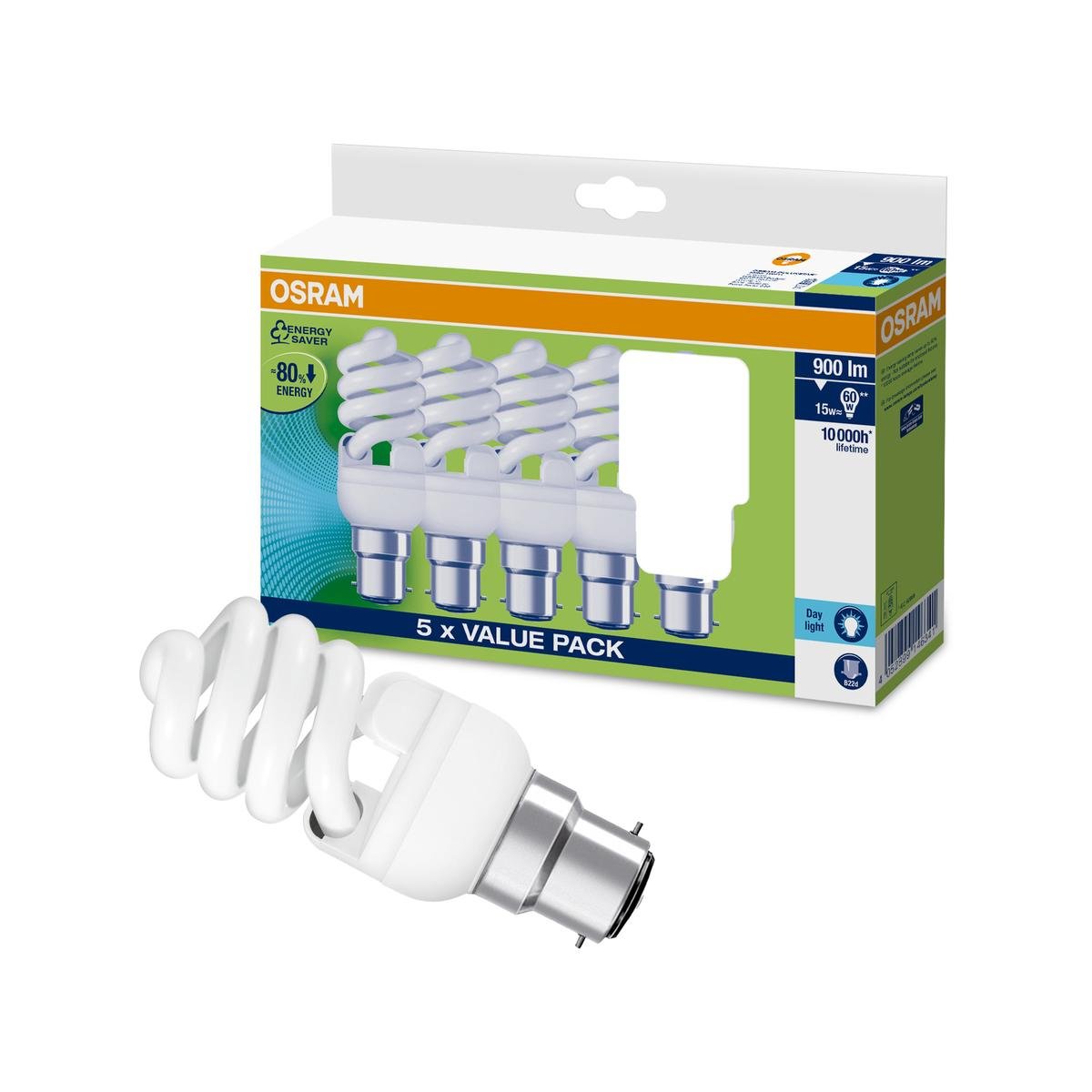 Osram Mini Spiral CFL 15W B22 865LM Daylight Light Globe 5 Pack - SuperSaverAU - view 1