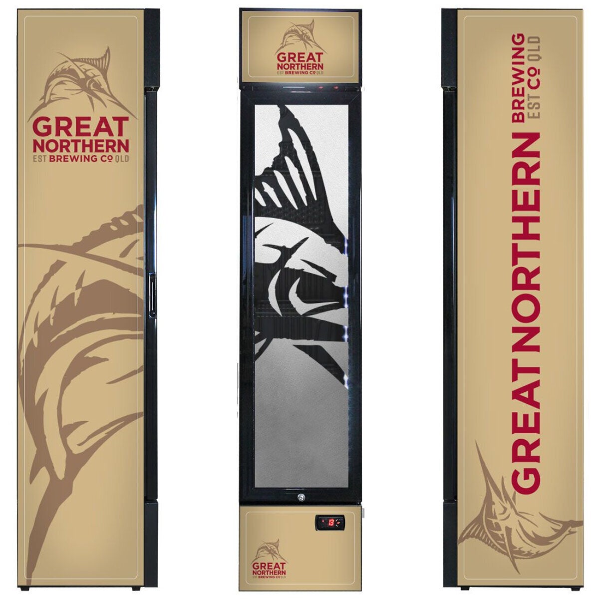 Schmick 160L Great Northern Gold Branded Skinny Upright Bar Fridge - 9 Star - SS-P160-GNBC-GOLD