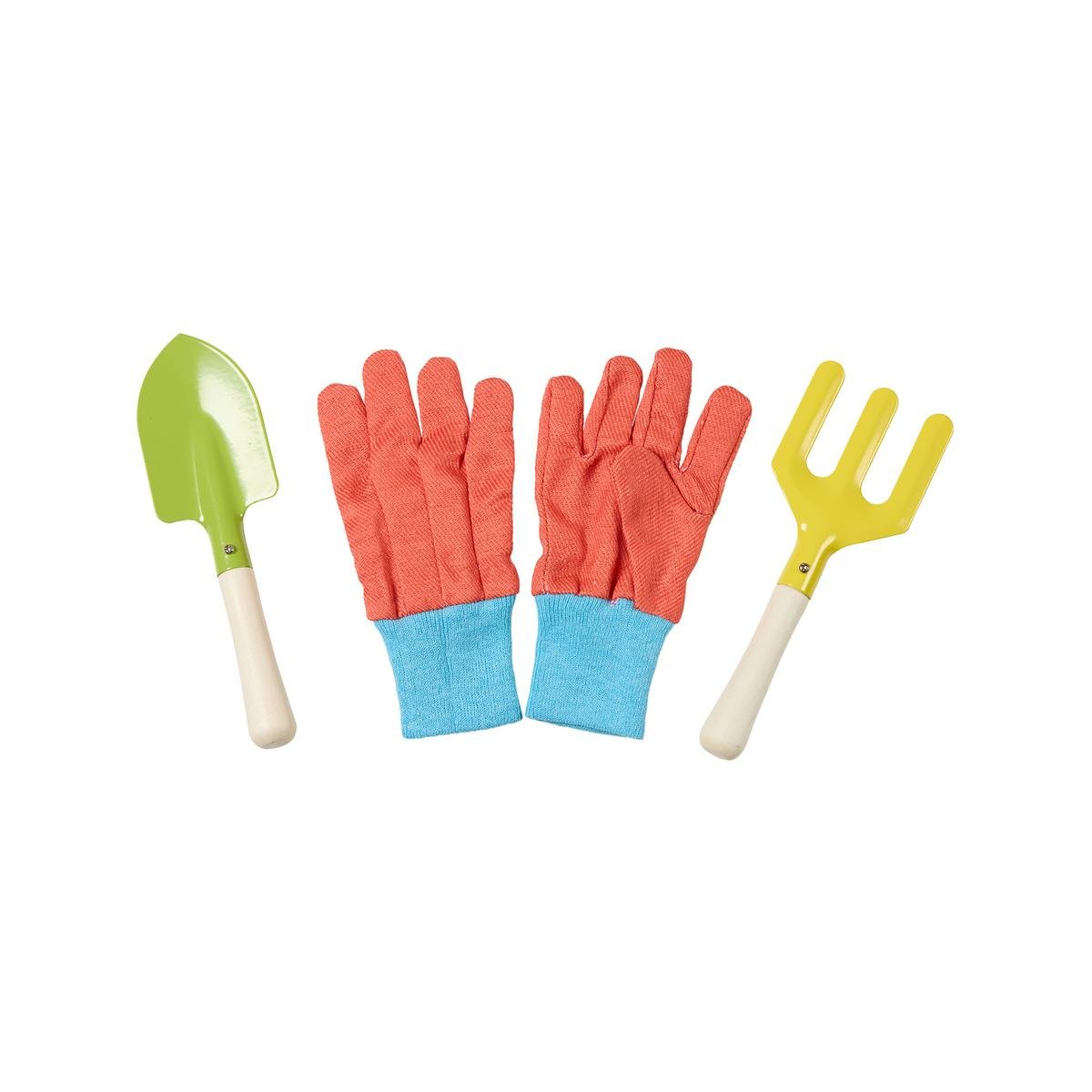 Saxon Kids Garden 3 Piece Set with Gloves - Trowel, Fork & Cotton Gloves, Steel Heads
