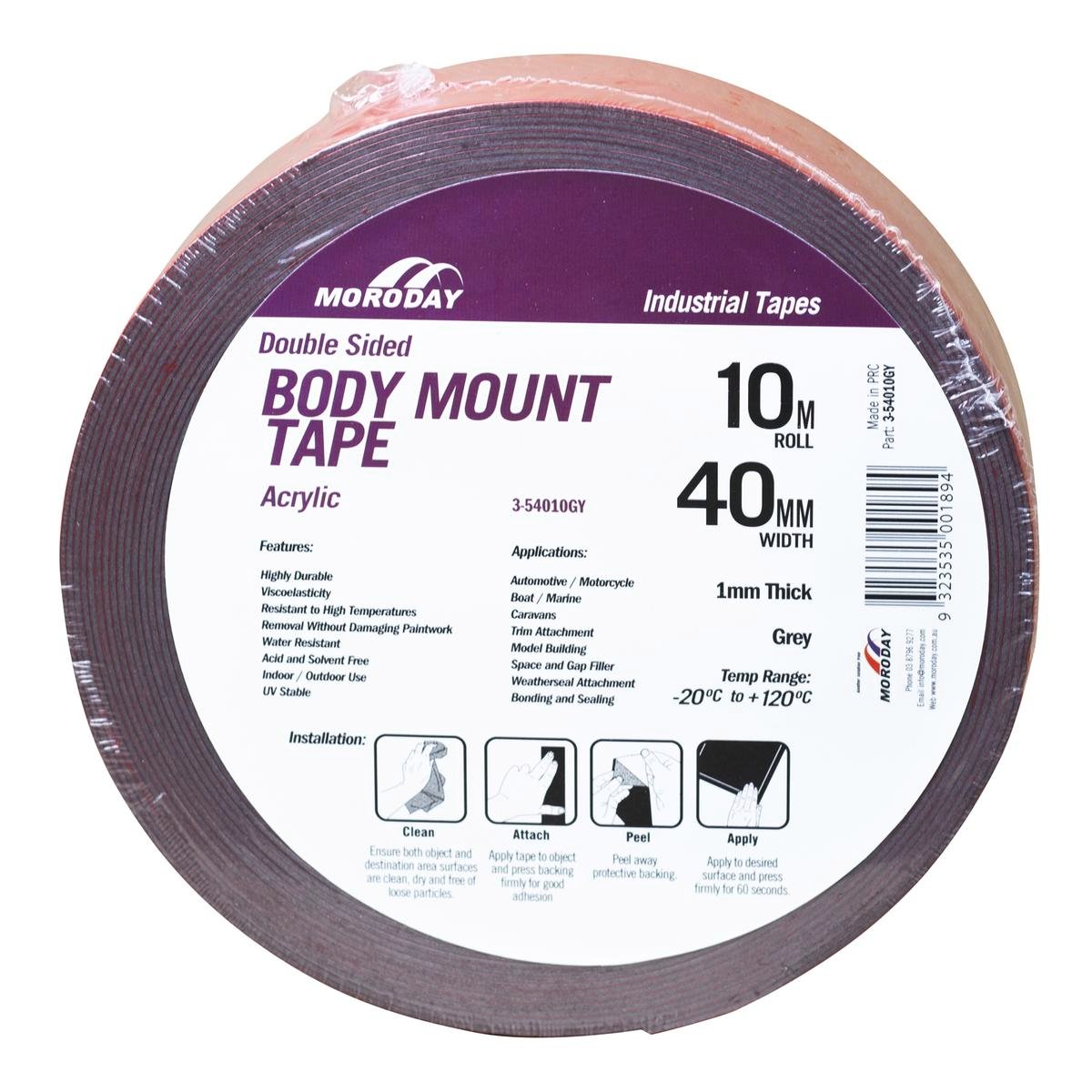 Moroday 40mm x 10m Grey Double Sided Body Mounting Tape