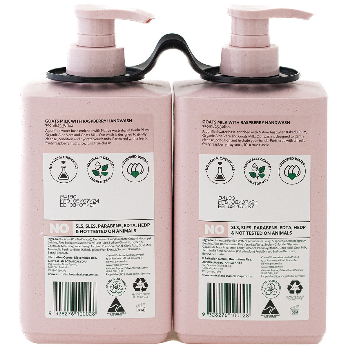 Australian Botanical Soap Hand Wash 2 x 750ml Goats Milk with Raspberry, Kakadu Plum Extract, Organic Aloe Vera - SuperSaverAU - view 2