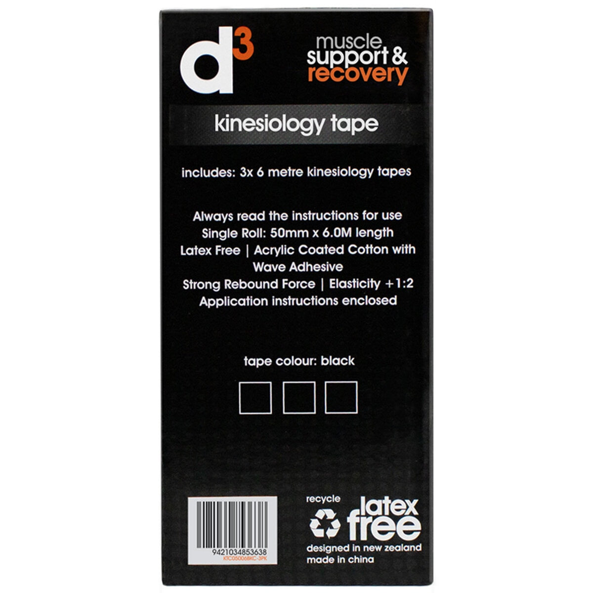 d3 K6.0 Kinesiology Tape 50mm x 6M x 3 Tapes Black - SuperSaverAU - view 4