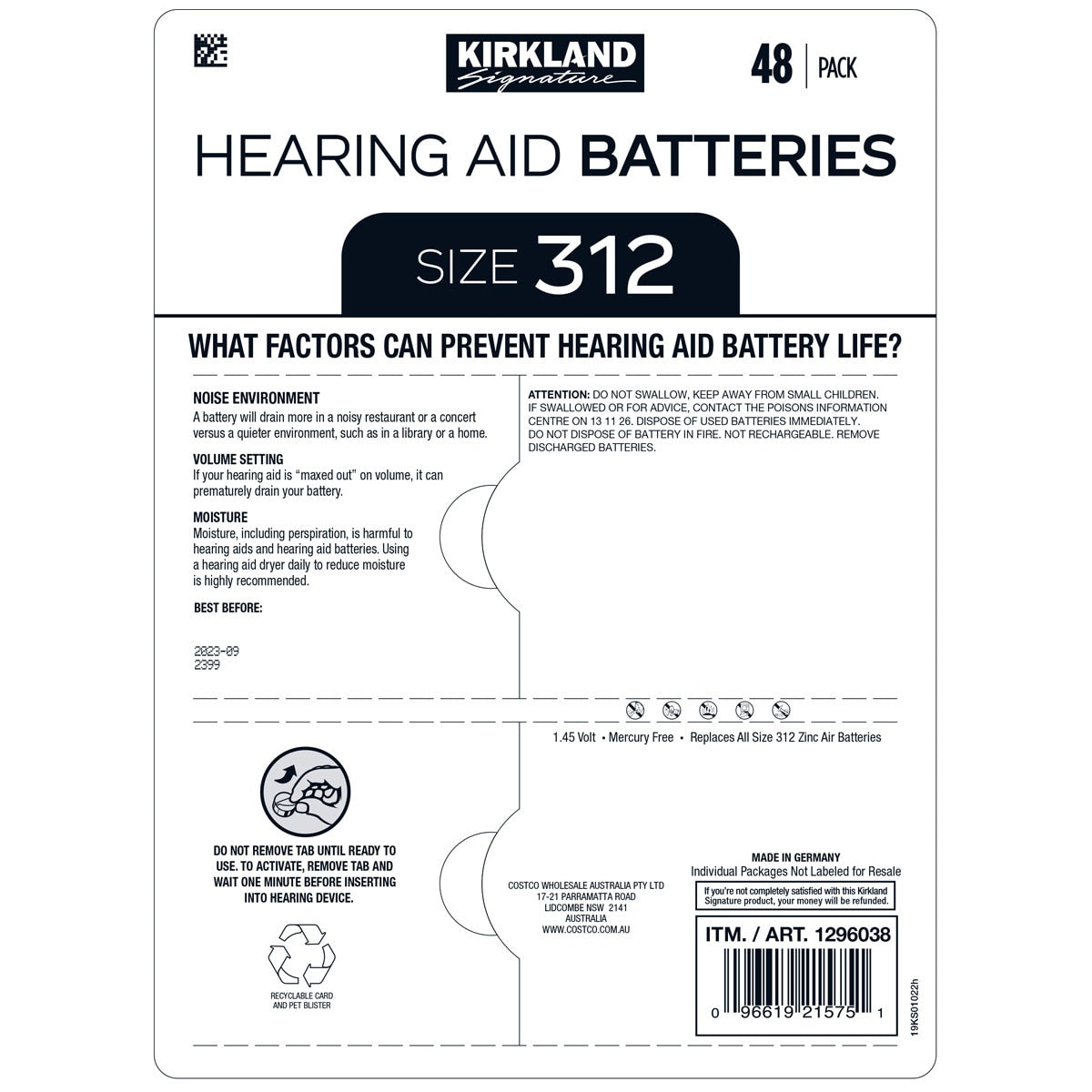Kirkland Signature Hearing Aid Batteries Size 312 2 x 48 Pack - SuperSaverAU - view 2