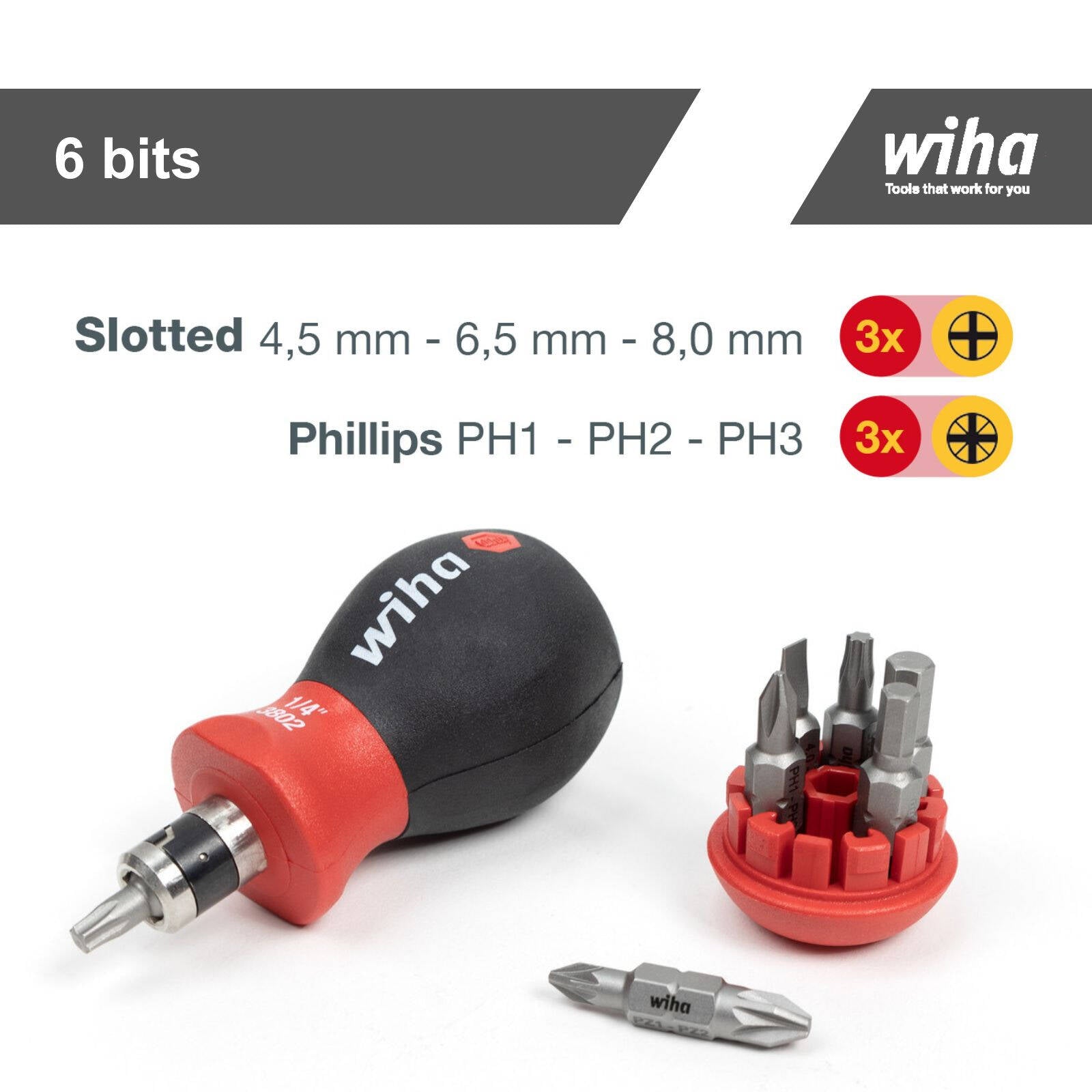 Wiha Stubby Screwdriver Bit Holder with 6 Bits 3 Flat 3 Phillips