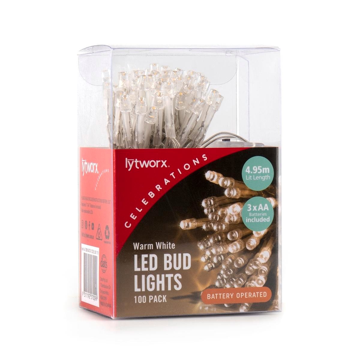 Lytworx 57009 Warm White Battery Operated Bud Lights - 100 Pack - 4.95m - IP20
