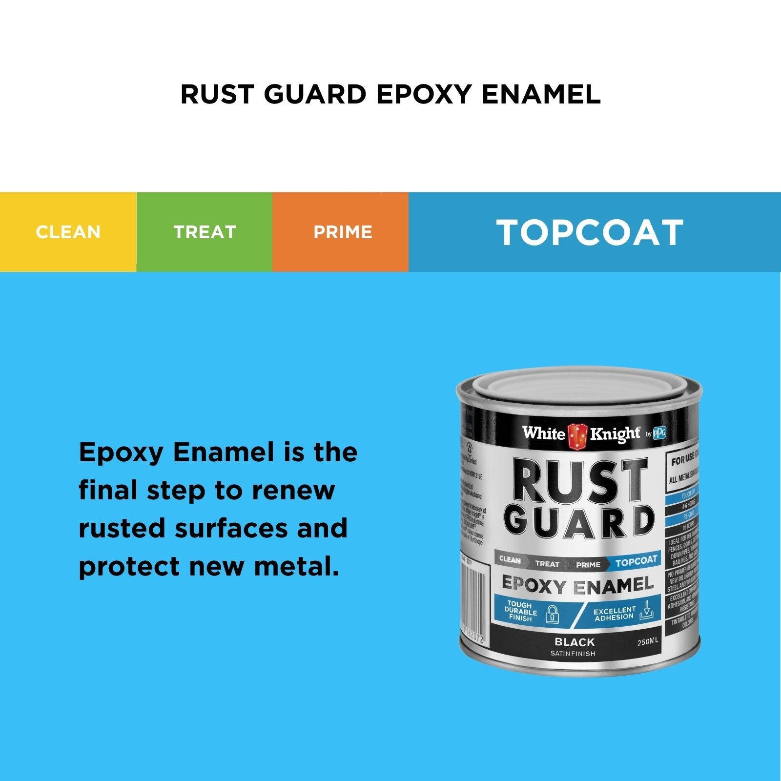 White Knight Rust Guard 250ml Black Satin Epoxy Enamel Paint, Solvent-Based, One-Step for Metal Surfaces