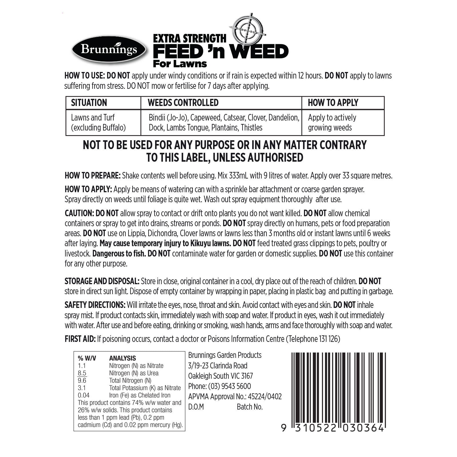 Brunnings Extra Strength Feed 'N' Weed Lawn Fertiliser Concentrate 1L