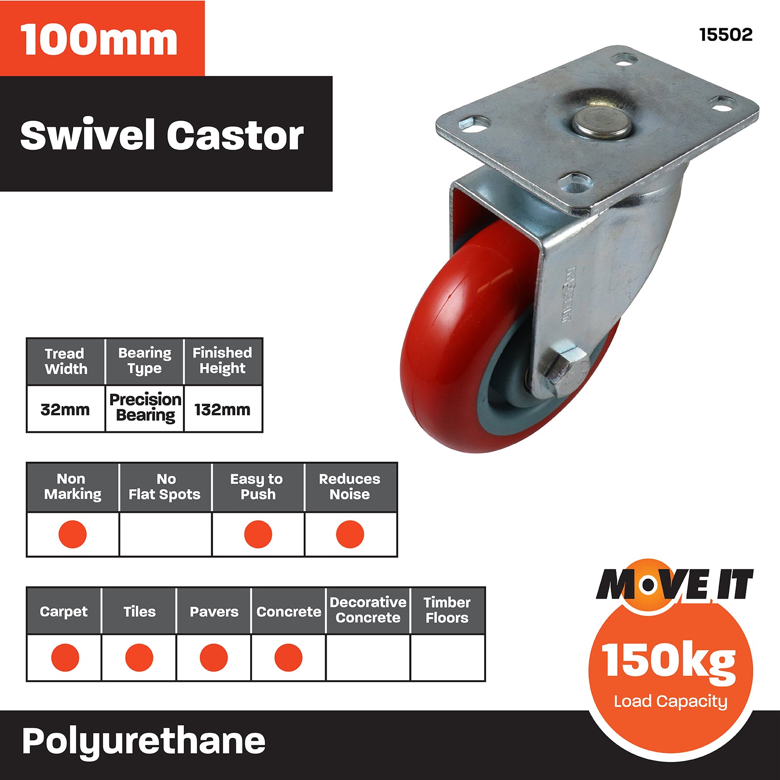 Move It 100mm Polyurethane Swivel Castor 150kg Indoor Outdoor