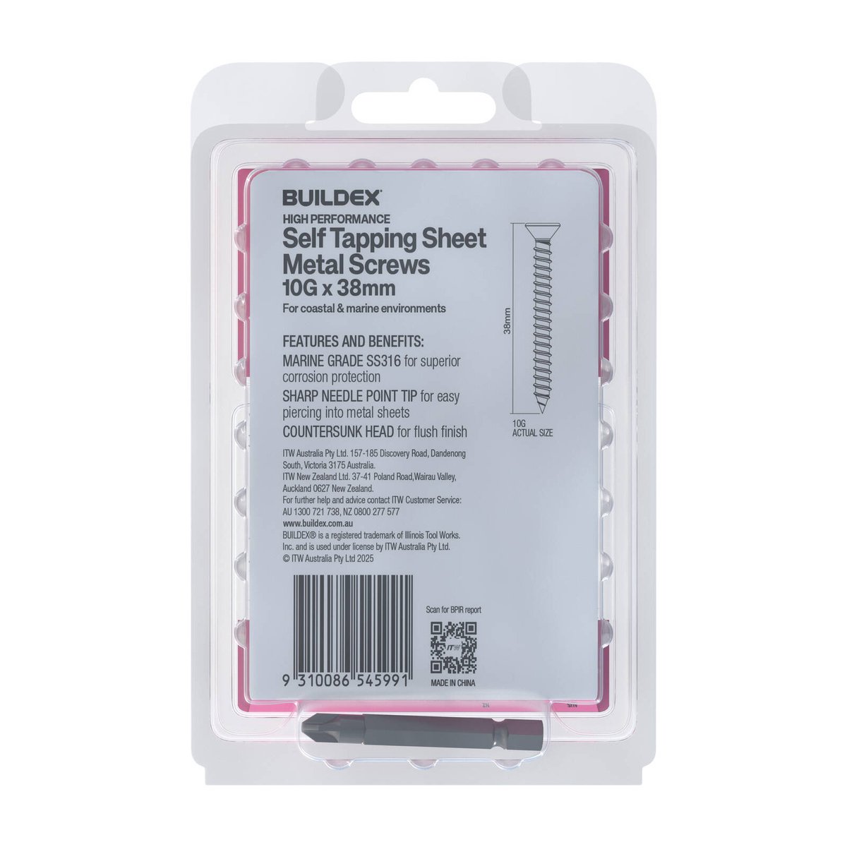 Buildex 10G x 38mm SS316 Self Tapping Sheet Metal Screws Countersunk - 50 Pack