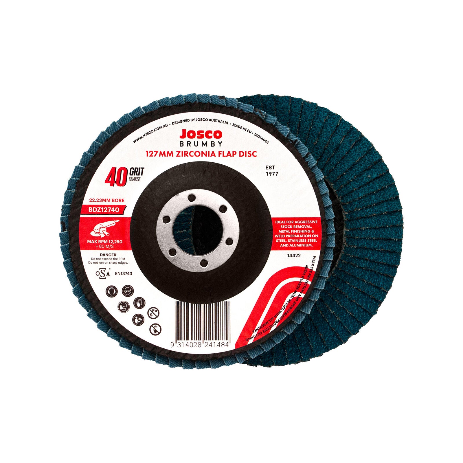 Josco 125mm 40 Grit Zirconia Flap Disc for Fast Grinding & Weld Removal