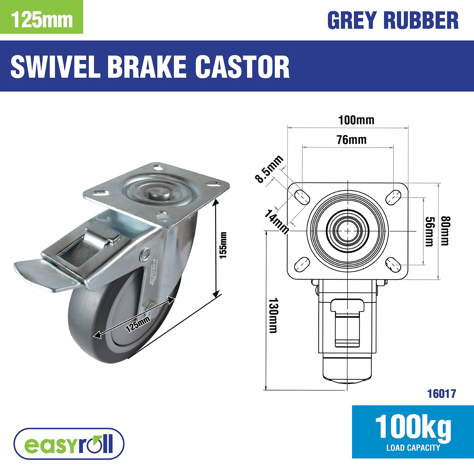 Easyroll 125mm 100kg Grey Rubber Heavy Duty Swivel Brake Castor