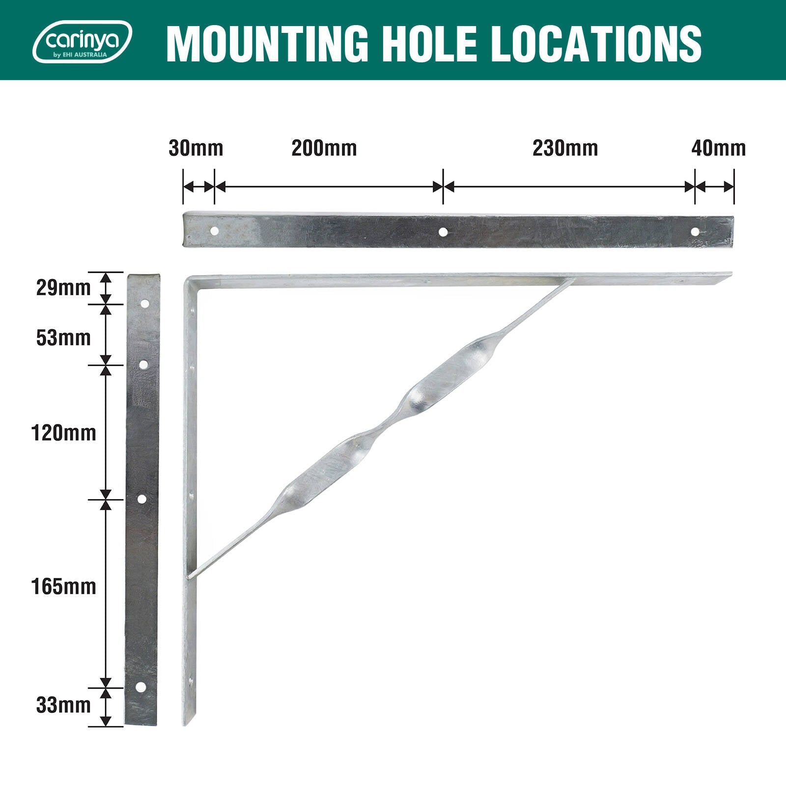 Carinya 500 x 400mm Galvanised Heavy Duty Twisted Stay Bracket, 400kg Capacity