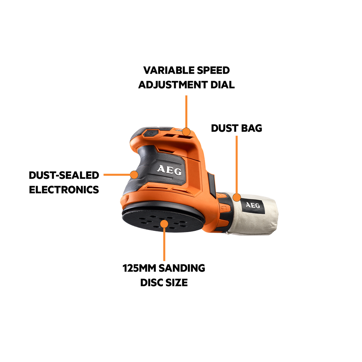 AEG 18V 125mm Random Orbital Sander BEX18-125-0 Cordless Skin Only, Variable Speed 11000RPM