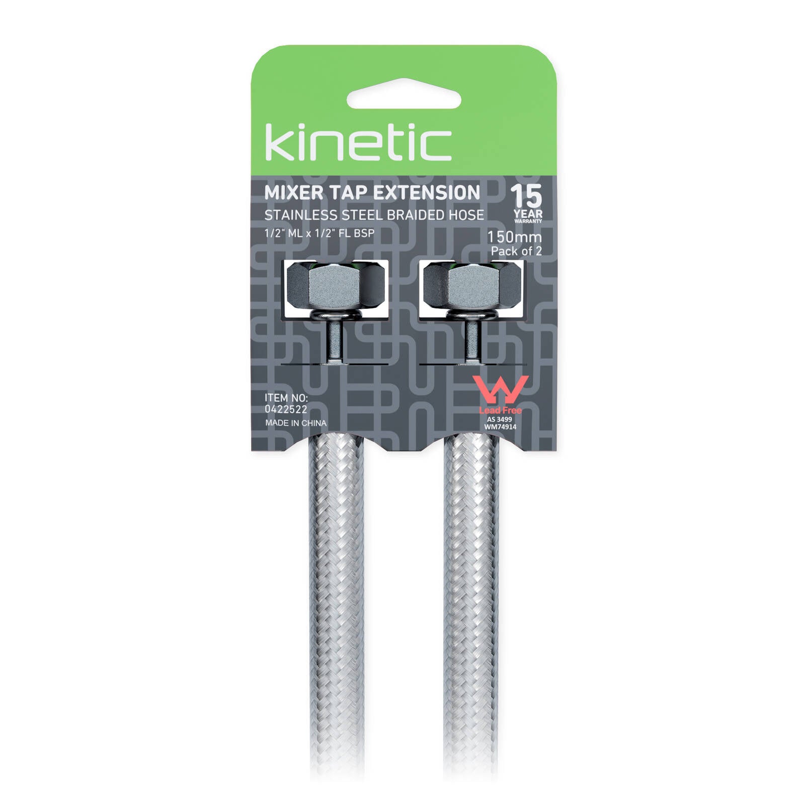 Kinetic 150mm Stainless Steel Flexible Braided Mixer Tap Extension 2 Pack 500kPa