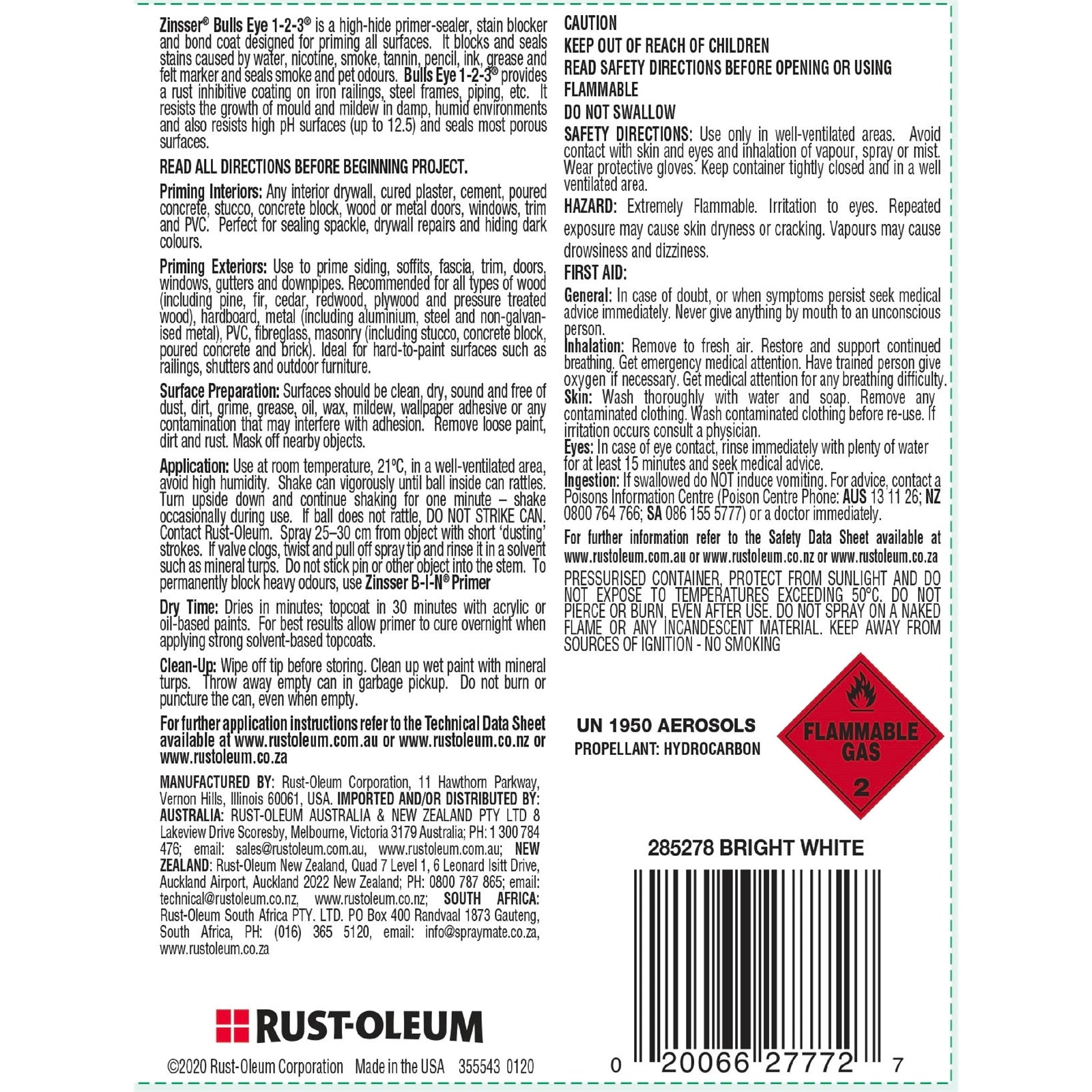 Zinsser Bulls Eye 1-2-3 Bright White Primer Sealer Spray 369g