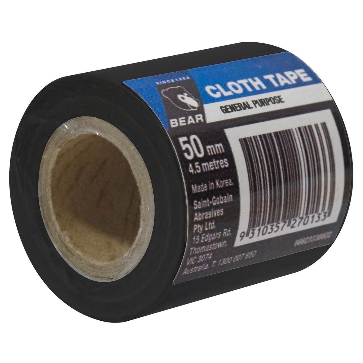 Bear Black Cloth Tape 50mm x 4.5m General Purpose Hand-Tearable Repair Tape