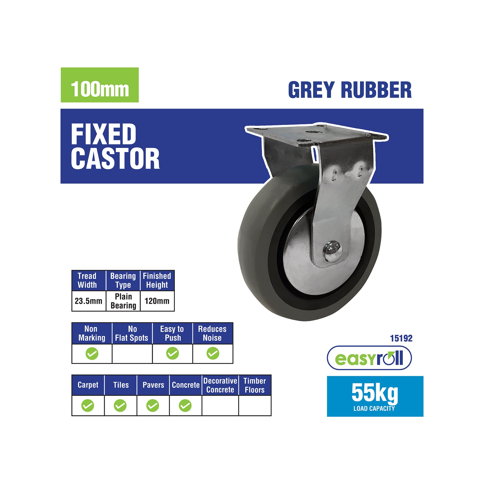 Easyroll 100mm Grey Rubber Fixed Plate Castor, Indoor, 55kg