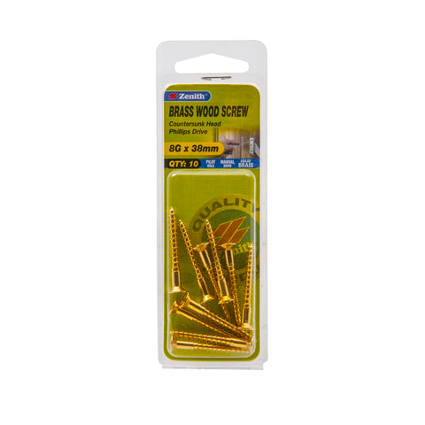 Zenith 8G x 38mm Solid Brass Countersunk Head Wood Screws, Needle Point, 10 Pack