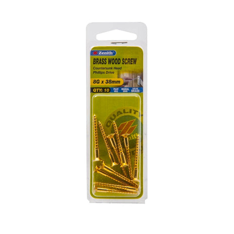 Zenith Wood Screws - 8g x 38mm Solid Brass - Countersunk Head - 10 Pack - SuperSaverAU - view 1