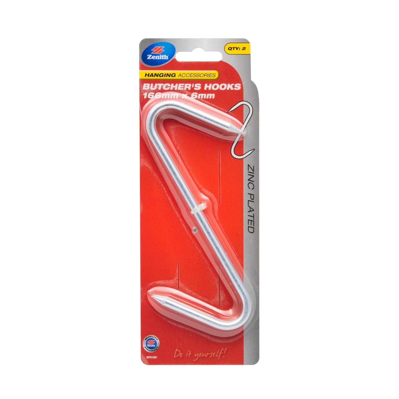 Zenith 166 x 6mm Zinc Plated Steel Large Butcher's Hook - 2 Pack