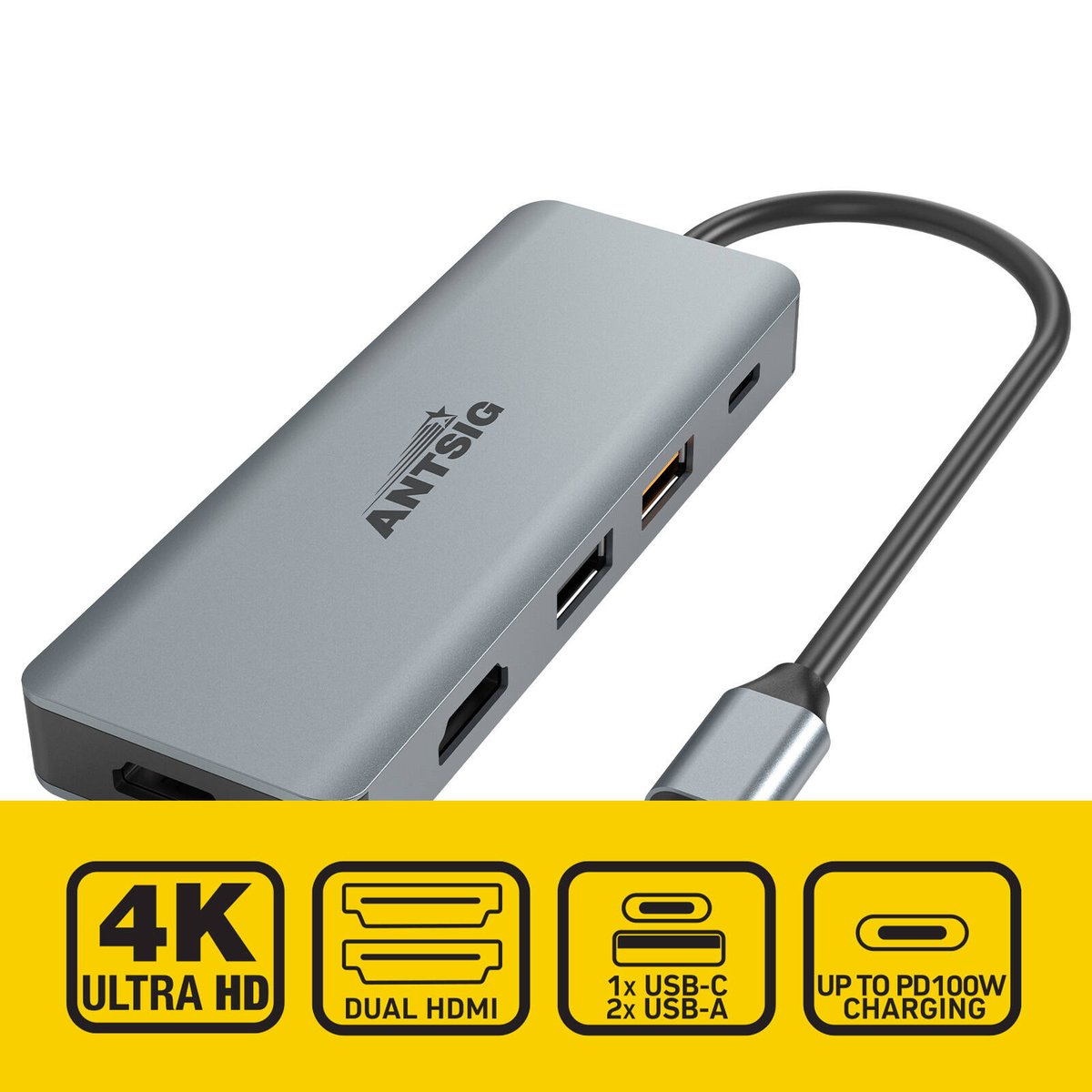 Antsig 7-in-1 USB-C Multiport Adapter - Dual HDMI 4K, USB 3.2, 100W PD AP542B