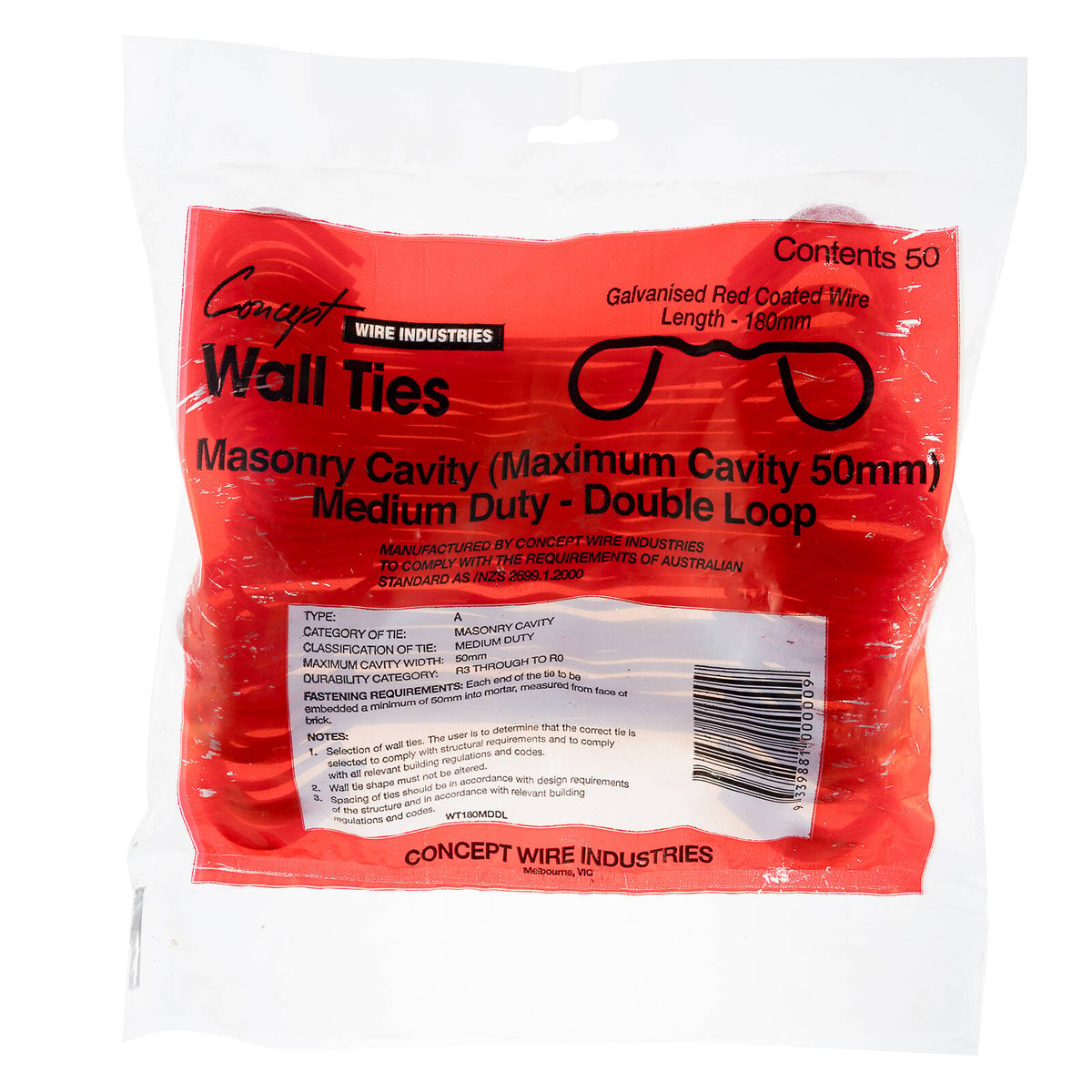 Concept Wires 180mm Red Medium Duty Double Loop Wire Brick Tie 50 Pack - SuperSaverAU - view 1